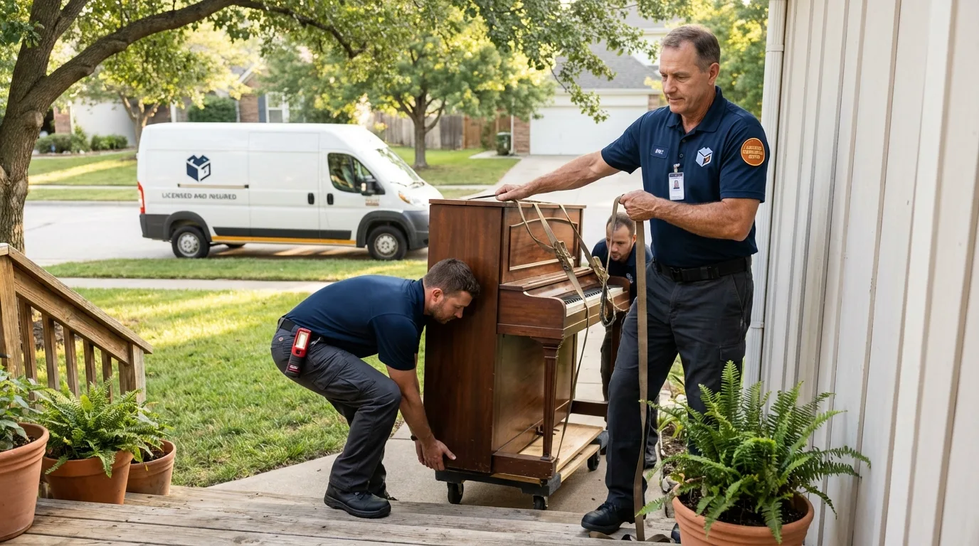 Licensed piano movers securing grand piano in Weber City, VA